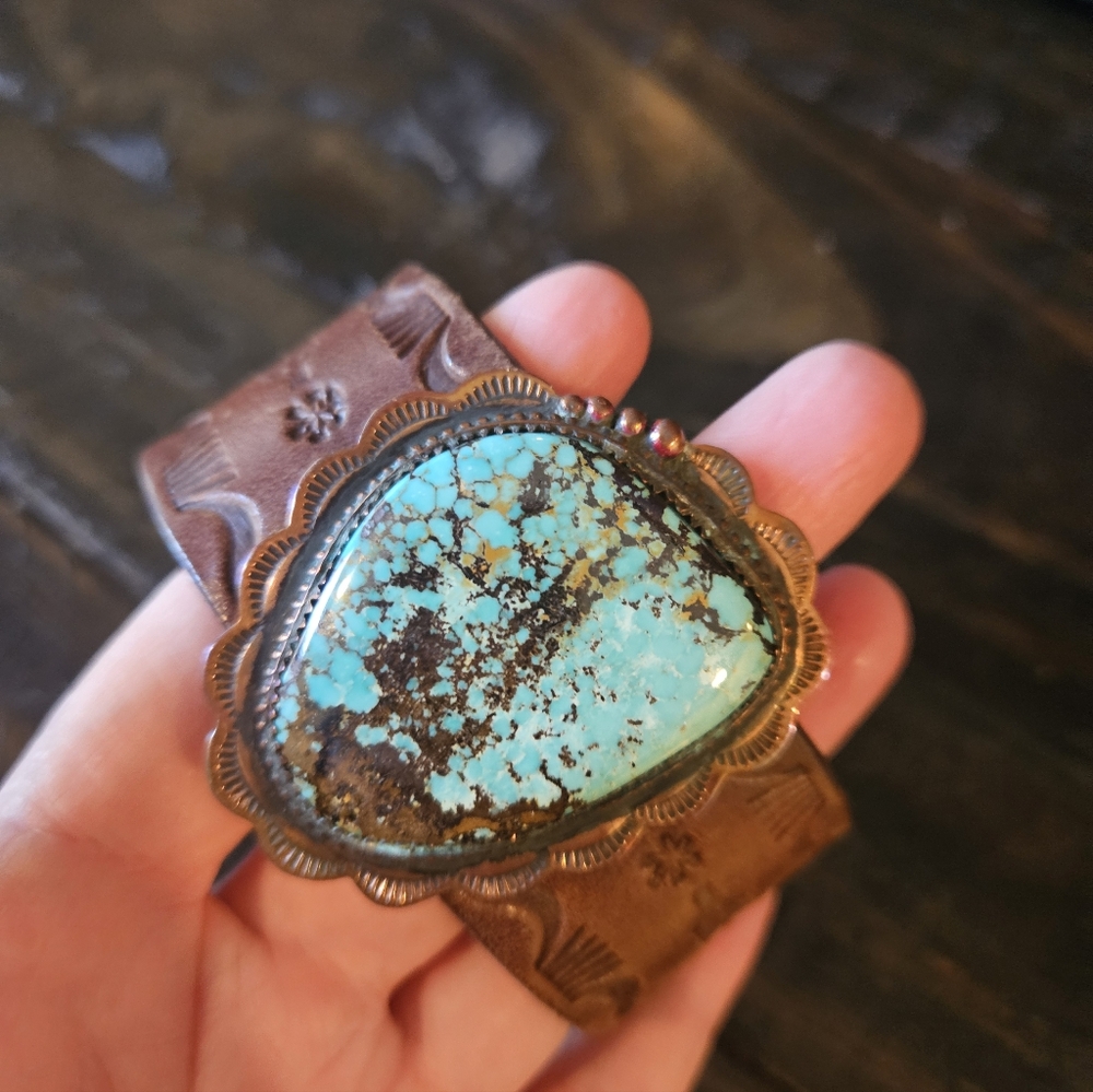 Vintage Handcrafted Turquoise Leather Belt Bracelet - Picture 6 of 10